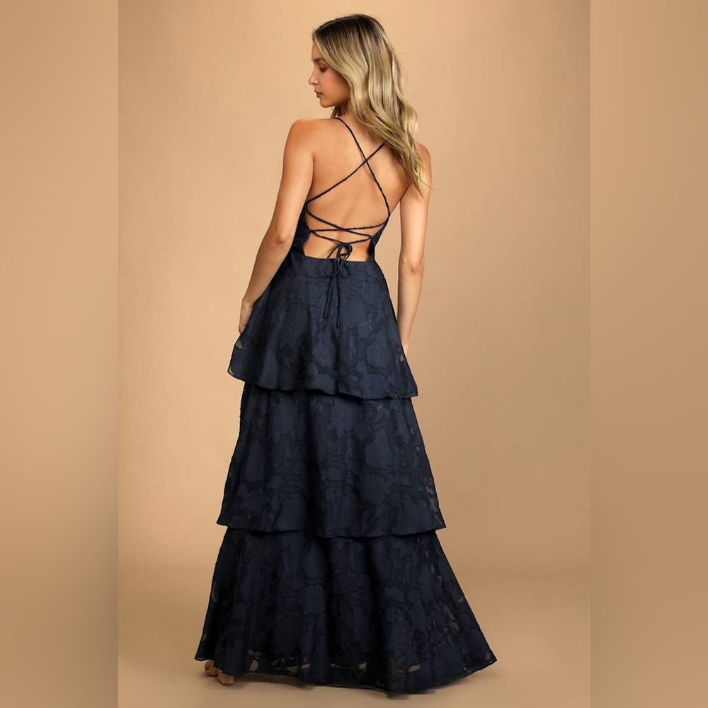 Lulu's Loving Celebration Navy Floral Lace-Up Tiered Maxi Dress Size XL - Picture 13 of 13
